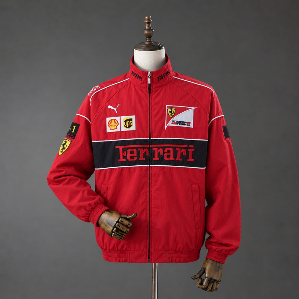 F1 Ferrari racing red retro full-zip jacket, front view