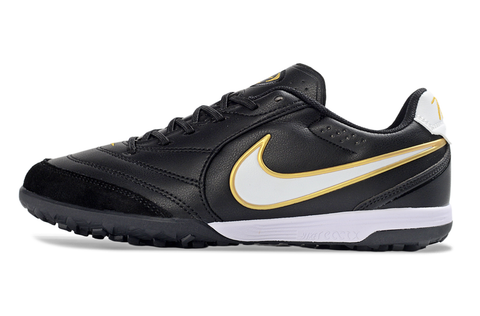 Tiempo Legend Elite TF black and white and gold turf shoe, side view