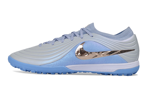 Tiempo Legend Elite TF grey and blue and chrome turf shoe, side view