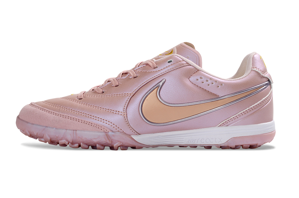 Tiempo Legend Elite TF pink and gold turf shoe, side view