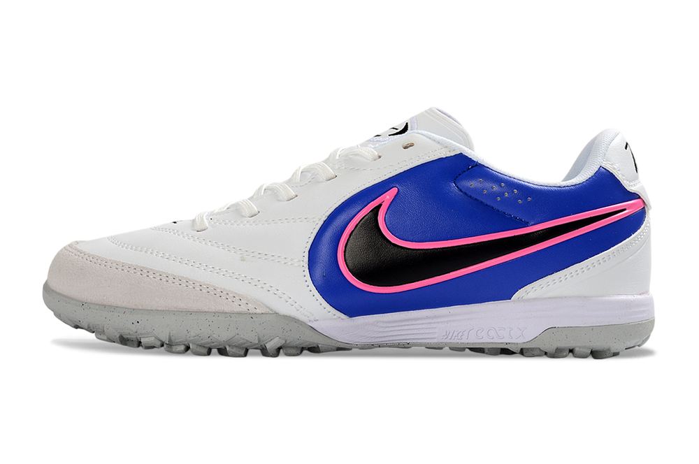 Tiempo Legend Elite TF white and royal blue turf shoe, side view
