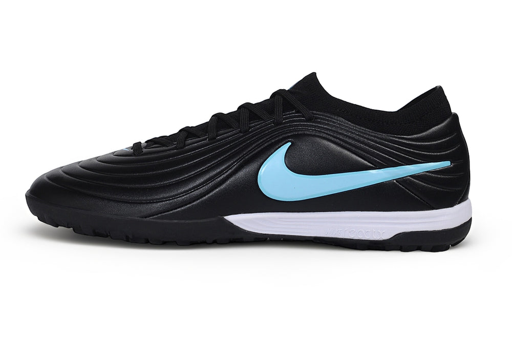 Tiempo Legend Elite TF black and light blue turf shoe, side view