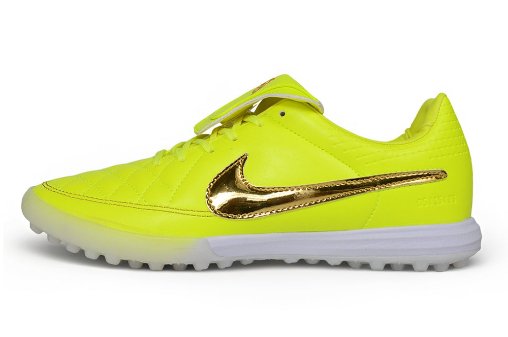 Tiempo Legend SE TF volt and gold turf shoe, side view